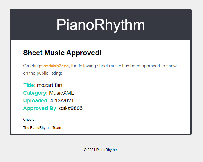 Sheet Music Approved Email